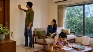 Family in an Indian home with an air purifier during the monsoon