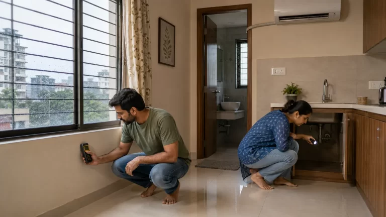 Couple checking walls and kitchen plumbing for moisture during monsoon