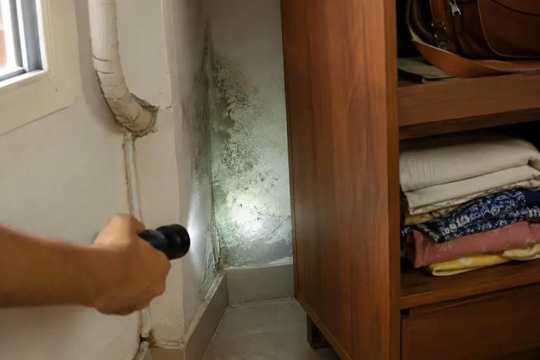 Mould growing on a damp wall behind a wardrobe