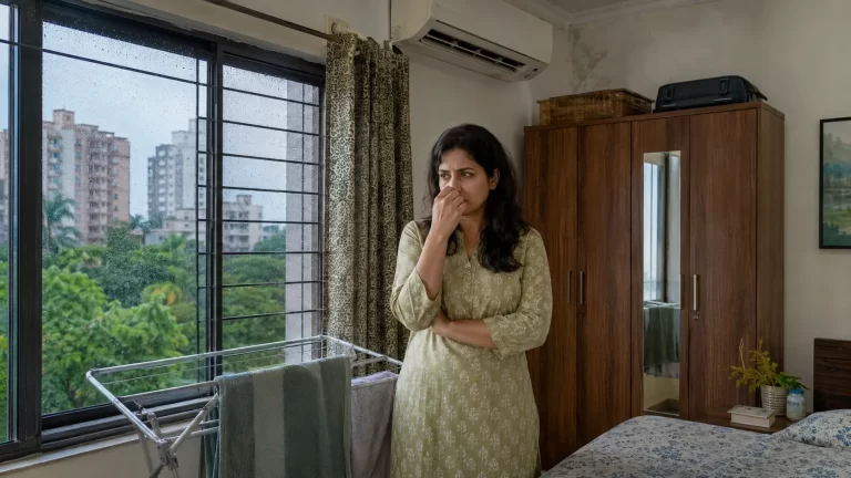 Woman in a damp bedroom with clothes drying indoors during monsoon