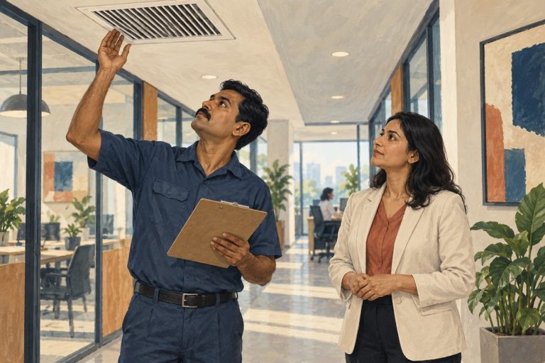 Facilities professionals inspecting an office air conditioning and ventilation system