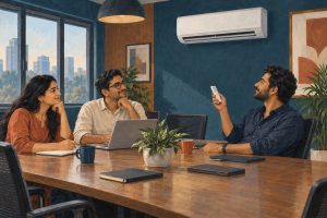 Office meeting with employees discussing air conditioning and indoor air quality