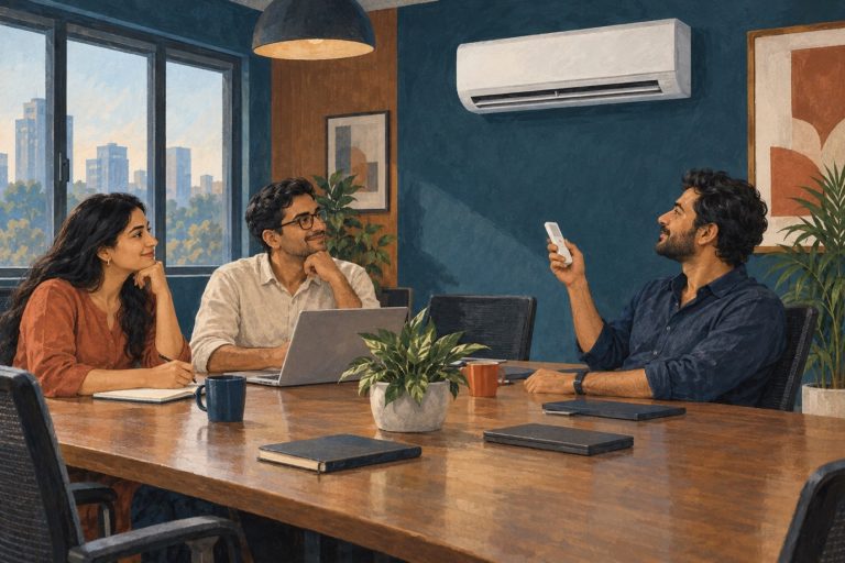 Office meeting with employees discussing air conditioning and indoor air quality